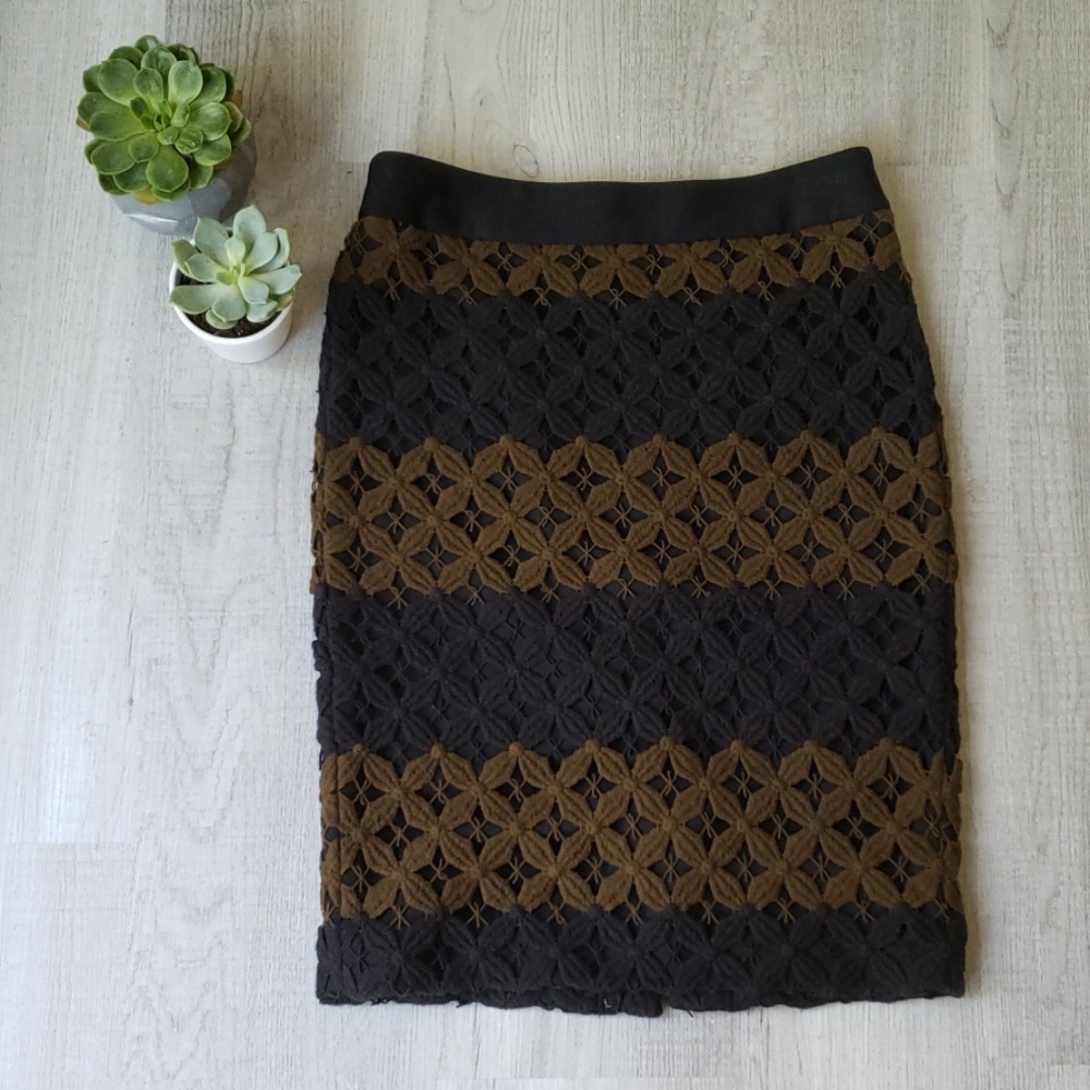 LOFT Black and Brown Lace-Overlay Pencil Skirt